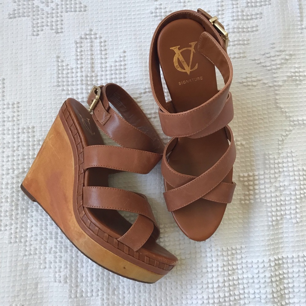 VC Signature brown leather & wood wedges size 8